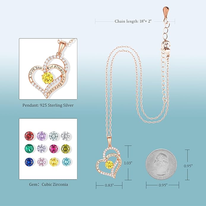 Birthday Gifts Double Heart Birthstone Necklace for Women, S925 Sterling Silver Pendant Necklace Jewelry for Her Mother Mom Wife Girlfriend