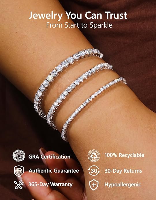 KRKC&CO Moissanite Bolo Tennis Bracelets for Women, 1.6-8.0 ct.tw, Adjustable Length S925 Sterling Silver, Christmas Gifts for Her, Luxury Box, 2/3/4mm D Color VVS1 White/14K/24K/Rose Gold Plated