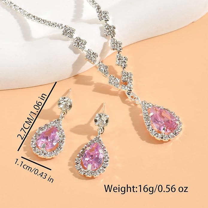 Sparkling Teardrop Halo Bridal Necklace Earrings Set For Women Statement Classic Silver Colors Adjustable Choker Style Chain