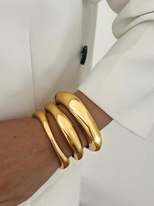 3Pcs Chunky Gold Bangles Bracelets for Women, Spring Hinged Big Stackable Bangles Set, Trendy Cuff Bracelet Stack Fashion Jewelry Gifts