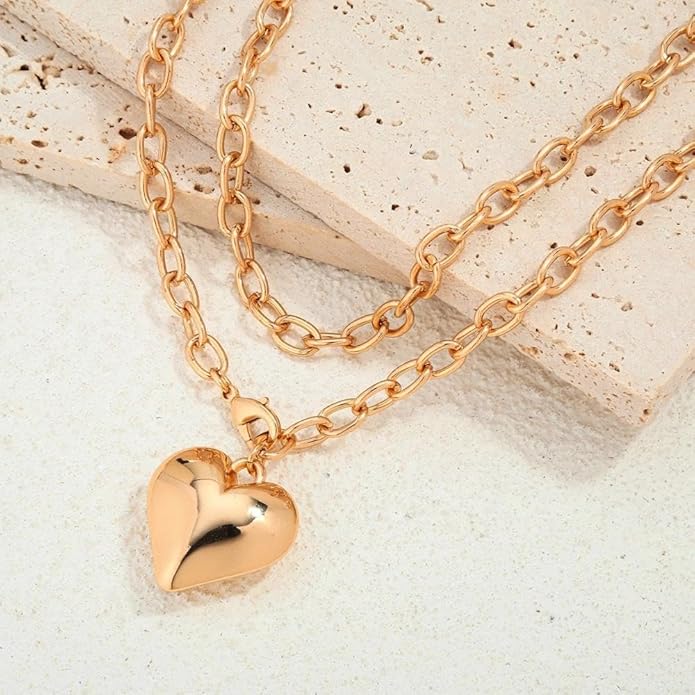 Chunky Gold Heart Necklace for Women,Y2K Big Heart Statement Necklace Long Puffy Hearts Chain Charm Necklaces Trendy Jewerly