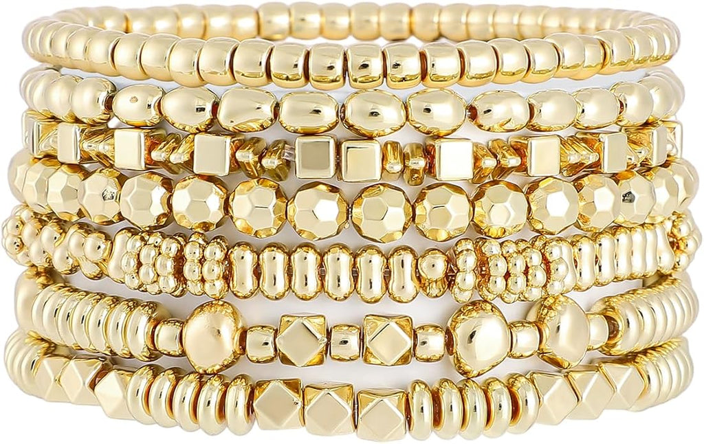 Gold Plated Beaded Bracelets for Women Trendy, 14K Gold Plated Stack Cross Pearl Gold Plated Bead Stretch Bracelets Set Elastic Hypoallergenic Bracelets Jewelry Gifts