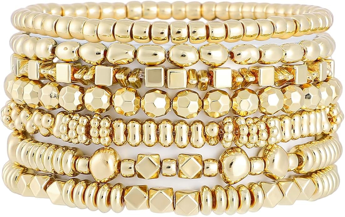 Gold Plated Beaded Bracelets for Women Trendy, 14K Gold Plated Stack Cross Pearl Gold Plated Bead Stretch Bracelets Set Elastic Hypoallergenic Bracelets Jewelry Gifts