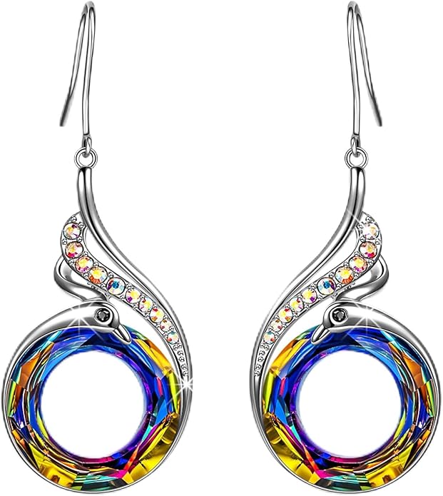 Kate Lynn "Rise From the Ashes" Phoenix Earrings, Sterling Silver Dangle Earrings with Crystals from Austria, Birthday Gift with Jewelry Box, Symbol of Luck and Renewal