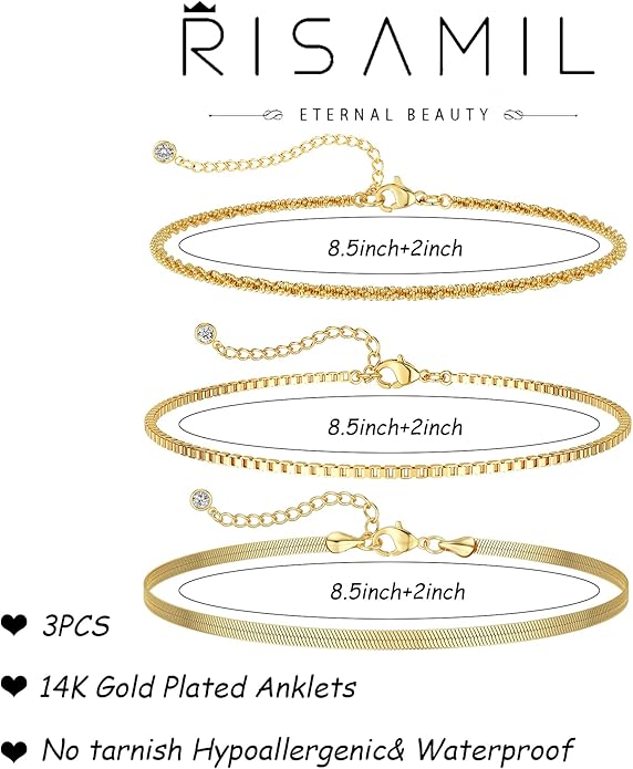 Risamil 14K Gold Plated Ankle Bracelets for Women, Anklets for Women Waterproof Layered Ankle Bracelets for Women Teen Girl Herringbone Anklet Set Summer Foot Jewelry Gifts