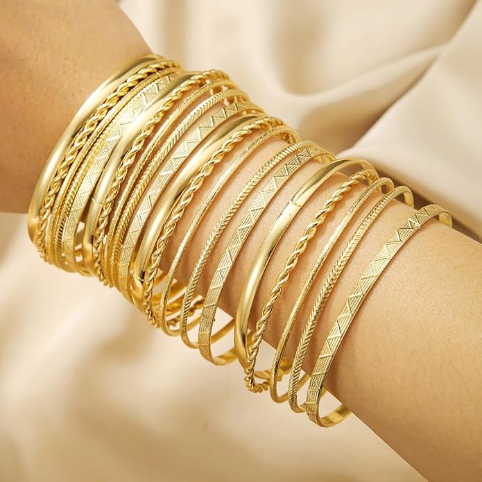 16Pcs Gold Bangle Bracelets for Women - Multi Layer Stackable Textured Bracelets Boho Jewelrys Set.