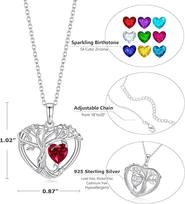 Tree of Life Necklaces for Women 925 Sterling Silver Heart Pendant Birthstone Necklace Created Gemstone Jewelry for Her, 18"+2"