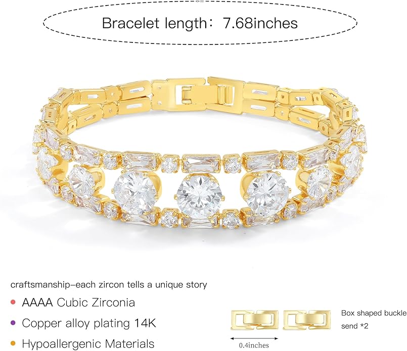 14K Gold Plated Women’s Tennis Bracelet – Sleek CZ Line Bracelet, Fits 6.0"–7.2" Wrist – Sparkly Everyday Jewelry Gift, Contemporary Tennis Bracelets for Women