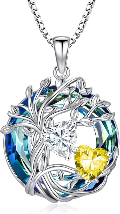 TOUPOP s925 Sterling Silver Family Celtic Tree of Life Pendant Necklaces with 2 Heart Birthstone with Blue Austrian Crystal Jewelry Birthday Valentines Day Gifts for Her, Anniversary Christmas Gifts for Wife Girlfriend Mom (18K Real White Gold Filled)