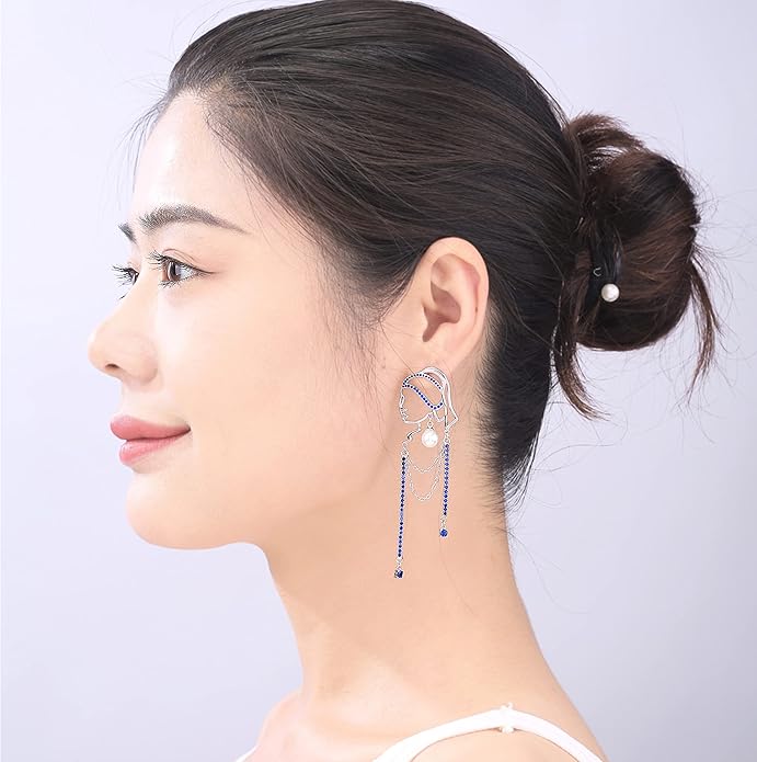 Unique Abstract Face Art | Dangle Statement Long Earrings for Women | Rhinestone Tassel Handmade Chandelier Earrings