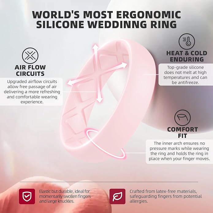 Egnaro Women's Bridal Rings Sets, Inner Arc Ergonomic Breathable Design Silicone Rubber Wedding Bands