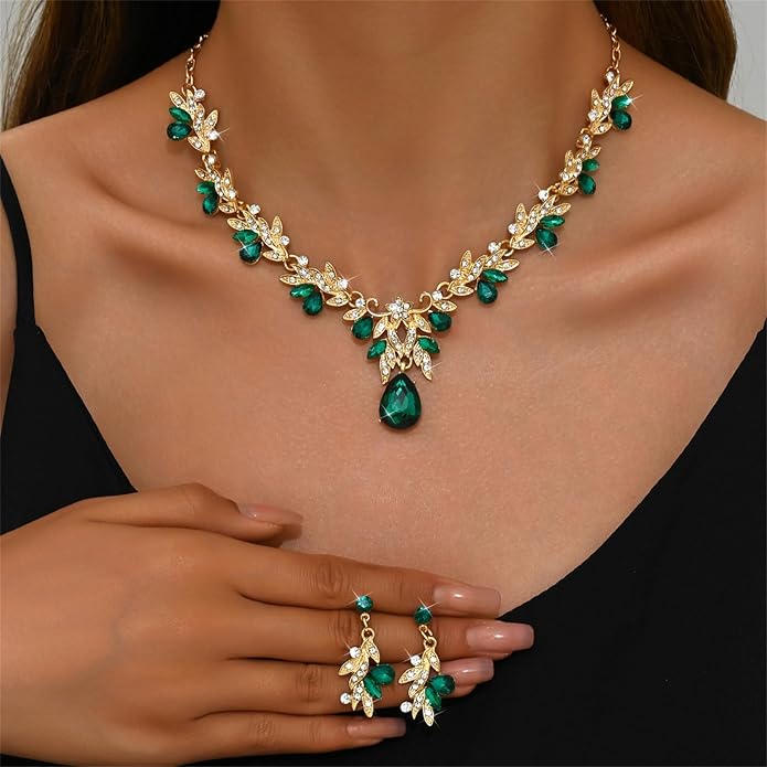 PINK TOWN Vintage Rhinestone Bridal Jewelry Sets,Crystal Wedding Prom Earrings Necklace Bracelet Set Fashion Zircon Bride Jewelry Dress Accessories for Women