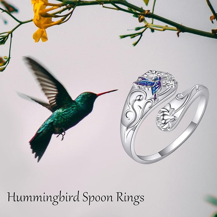 Spoon Rings 925 Sterling Silver Adjustable Hummingbird/Shark/Daisy/Tree Of Life/Dragonfly/Witches Knot/Sea Turtle Ring Thumb Rings Birthday Jewelry Gifts for Women Mother