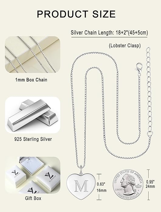 YL Initial Necklace 925 Sterling Silver Square/Round/Heart Letter Pendant A-Z Alphabet Polished Jewelry for Women