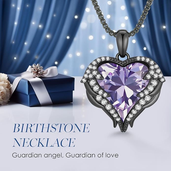 CDE Valentines Day Gifts for Women Angel Wings Necklace for Women with Birthstone, Love Heart Silver Tone/Gold Tone Pendant, Ideal Anniversary or Birthday Jewelry Gifts for Wife Girlfriend Her