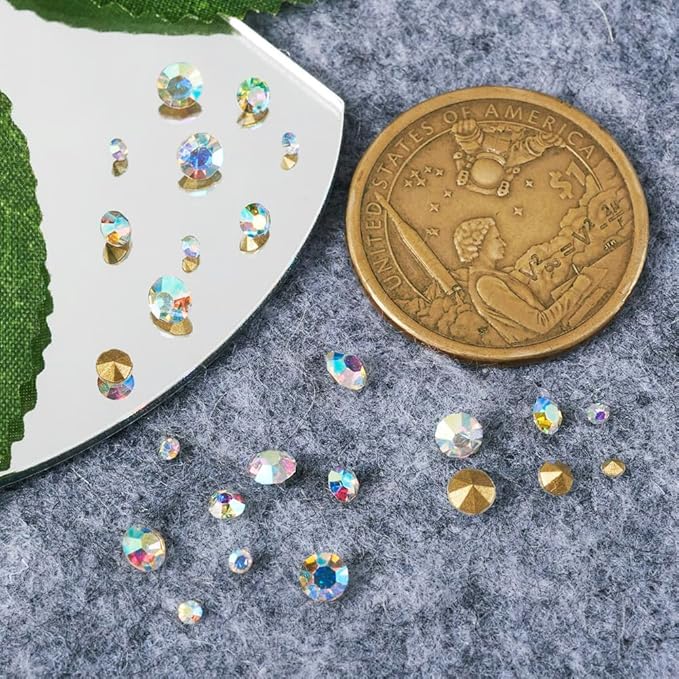 Fashewelry 1782pcs Pointed Back Faceted Glass Rhinestones 2mm/3mm/4mm Crystal AB Diamond Loose Stones with Gold Back for DIY Jewelry Making Replacement