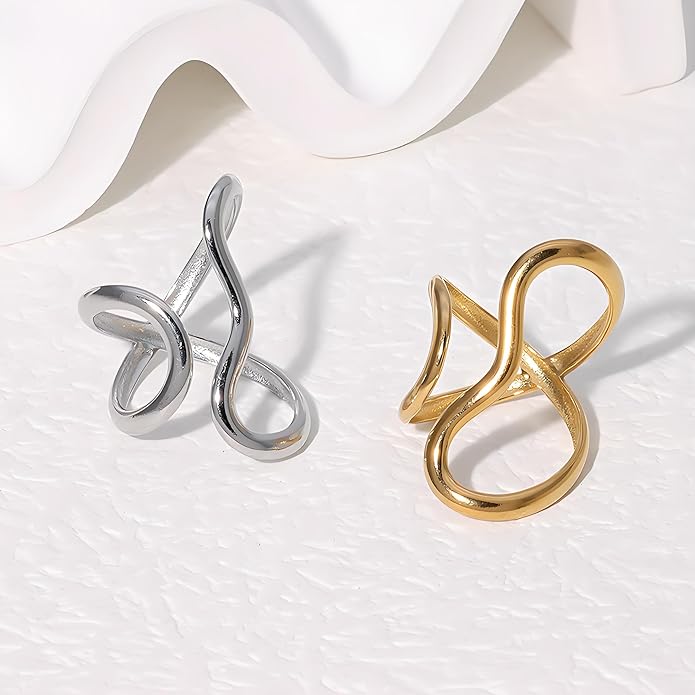 Chunky Rings For Women, Gold Silver Thumb Ring Asymmetrical Wavy Curve Ring Adjustable Non Tarnish Dainty Stainless Steel New Year Anniversary Birthday Jewelry Gift