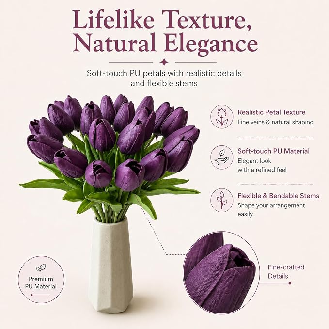 Mandy's 20pcs Artificial Grape Purple Tulips | 13.5 Inch Lifelike PU Tulips - Image 2