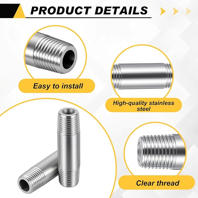 2 Pcs 304 Stainless Steel Pipe Fittings 1/4" NPT x 1/4" NPT Male Threaded 2" - Image 3