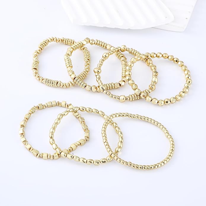 Gold Plated Beaded Bracelets for Women Trendy, 14K Gold Plated Stack Cross Pearl Gold Plated Bead Stretch Bracelets Set Elastic Hypoallergenic Bracelets Jewelry Gifts
