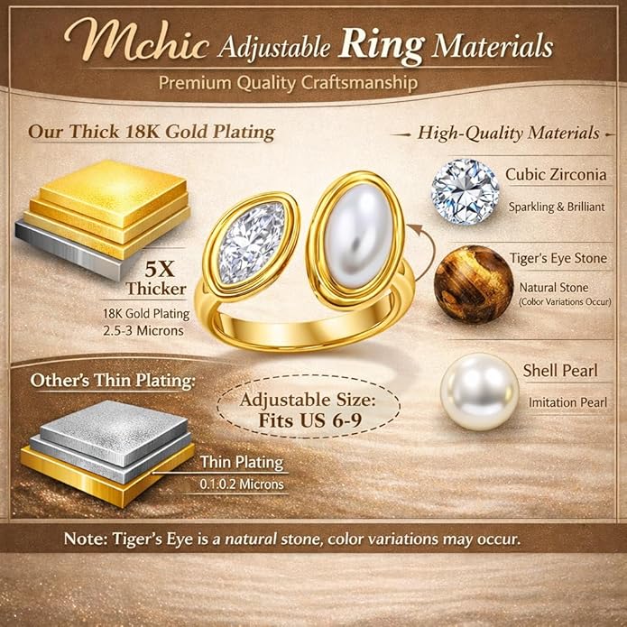 Mchic Adjustable Chunky Rings for Women: Dainty Natural Gemstone Ring Stainless Steel 18K Gold/Silver Plated Band Rings Non Tarnish Waterproof Statement Fashion Jewelry Gift for Women