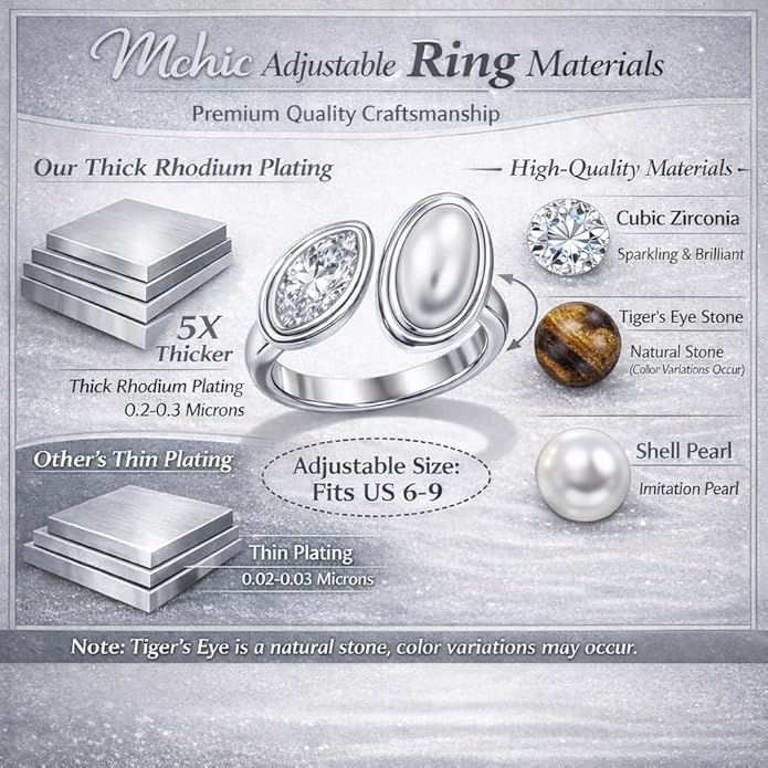 Mchic Adjustable Chunky Rings for Women: Dainty Natural Gemstone Ring Stainless Steel 18K Gold/Silver Plated Band Rings Non Tarnish Waterproof Statement Fashion Jewelry Gift for Women