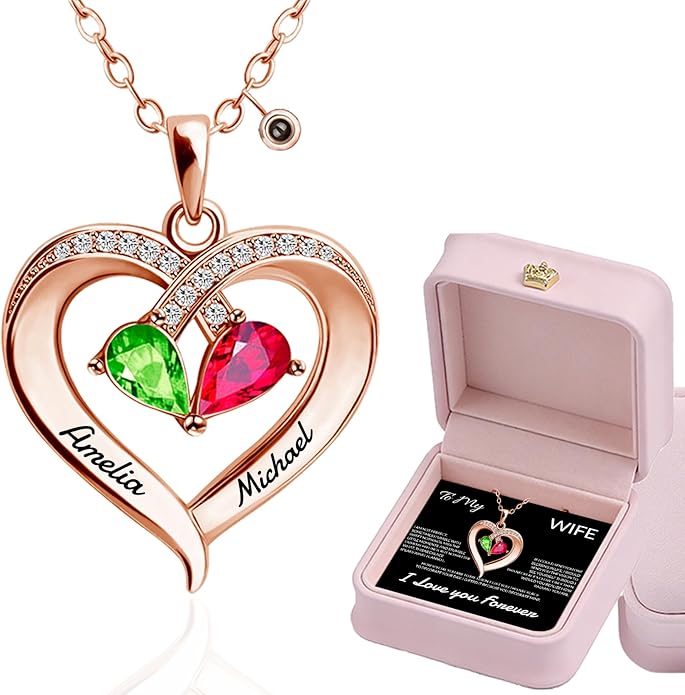 Jewelry To My Wife Necklace, Personalized Necklace Engraved Name jewelry, Custom Projection Photo Birthstone Heart Necklaces for Women, for Valentine's Day Anniversary
