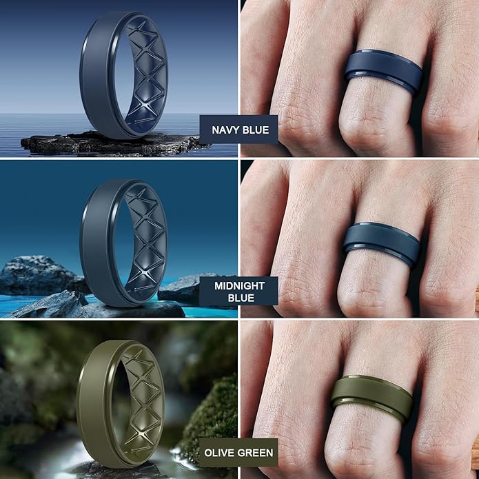 Egnaro Men's Rings 8.5mm Wide-2mm Thick Inner Arc Ergonomic Breathable Rubber Wedding bands-Hypoallergenic for Gym/Outdoor/Gift((1-7 Variety Pack with Half Size)