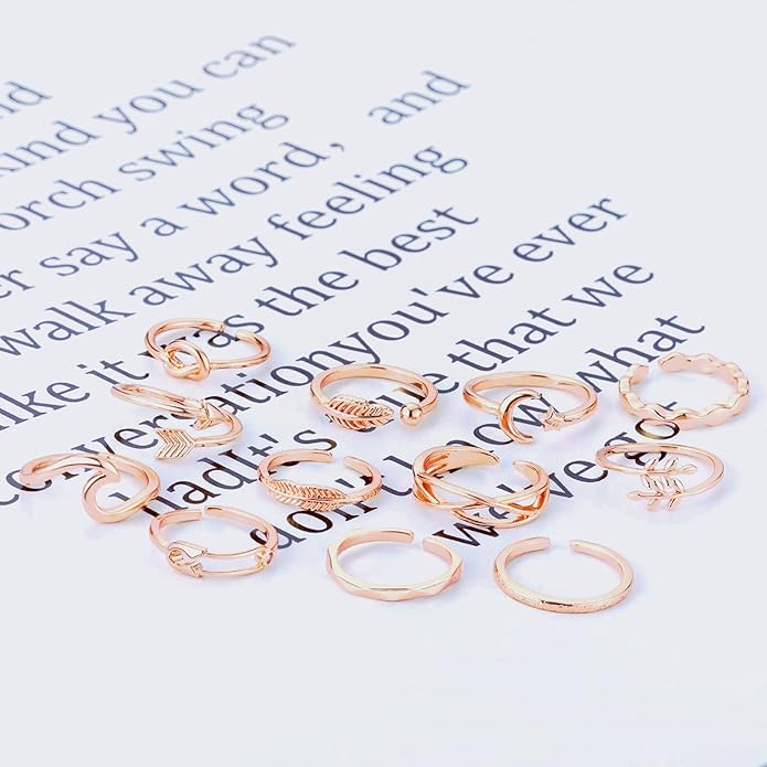 Honsny 12PCS Silver Plated Rings Adjustable Open Rings for Women Cute Gold Plated Stackable Thumb Rings Joint Chain Midi FingerArrow Knot Wave Band Rings Set