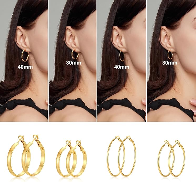 4 Pairs Silver Gold Hoop Earrings for Women | 14K Gold Plated Hoop Earrings Set Hypoallergenic Earring Lightweight Dangle Earrings Set
