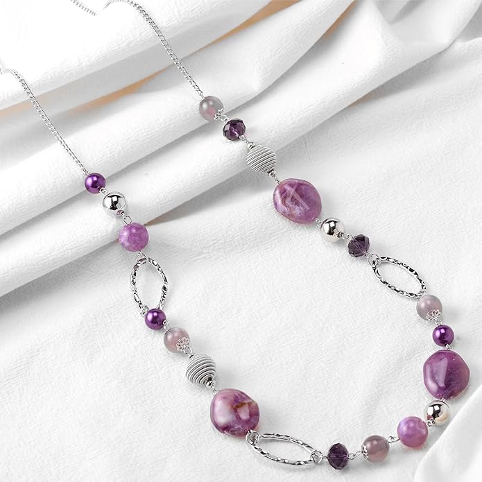 BULINLIN Beaded Long Necklace for Women Silver Sweater Chain Necklace with Crystal Resin Beads, Fashion Jewelry Necklace