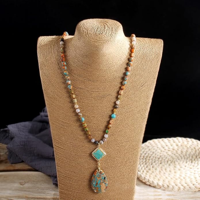 Yomisa Boho Necklaces for Women Men Long,33/34/35 Inch Natural Turquoise Tiger Eye Beaded Stone Pendant Necklaces for Women Trendy,Handmade Bohemian Western Bead Necklace Fashion Charm Jewelry Gift