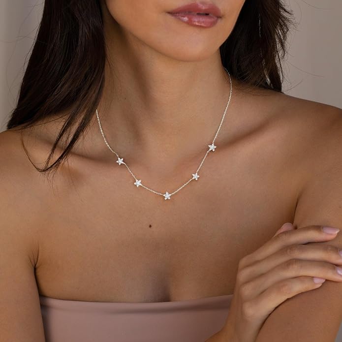 VRIUA Necklaces for Women - 14K Gold/Silver Plated Dainty Chain Necklace with Five Charms: Diamond, Bow, Snowflake, Cross, Flower, Clover, Butterfly, Heart, Star of David, and Star Trendy Jewelry