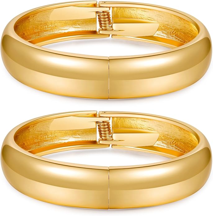 2pcs Gold Bangle Bracelets for Women, Trendy Hinged Cuff Open Wide Chunky Gold Bracelet Stack Arm Cuff Jewelry for Women
