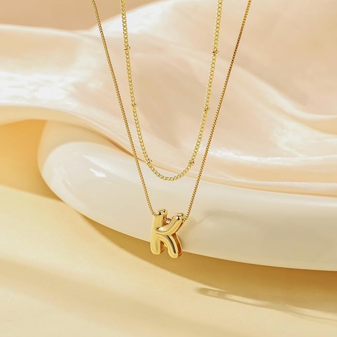 Initial 14K Gold Plated Necklaces for Women, Layered Bubble Letter A-Z Necklace Pendant Choker Necklaces for Women Trendy Monogram Name Necklace Personalized Jewelry for Women
