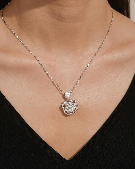 FANCIME Thornless Pulse Heart Birthstone Necklace for Women Sterling Silver Rose Pendant Fine Jewelry Gemstone Birthday Valentines Day Gifts for Wife Her