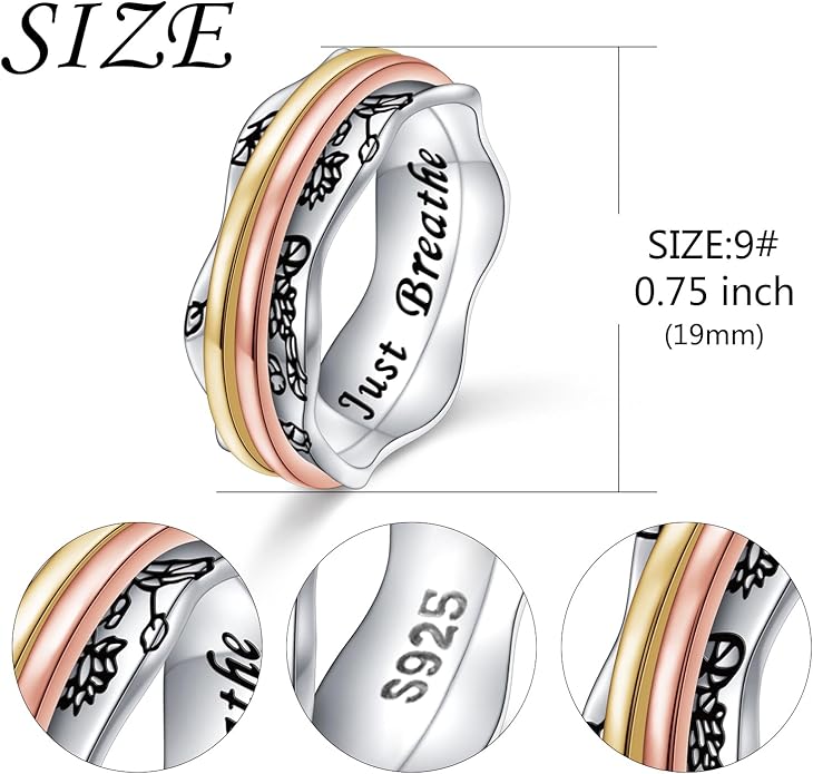 Ladytree Anxiety Relieve Rings 925 Sterling Silver Spinner Fidget Ring Worry Stress Relieving Boredom ADHD Autism Ring Platinum Plated Jewelry Birthday Gifts for Women Men