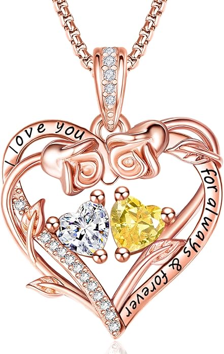 Rose Heart Necklaces for Women, Rose Gold Forever Love Jewelry with 2 Birthstones Pendant,Valentines Anniversarry Birthday Gifts for Her Wife Mom Grandma Daughter, 18+2 Inch Chain