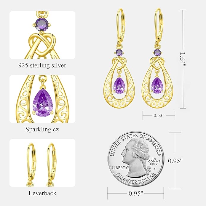 Teardrop Birthstone Dangle Drop Earrings Sterling Silver Infinity Filigree Leverback Earrings, Infinity Love Birthday Anniversary Valentines Day Gifts for Her Women Mom Wife