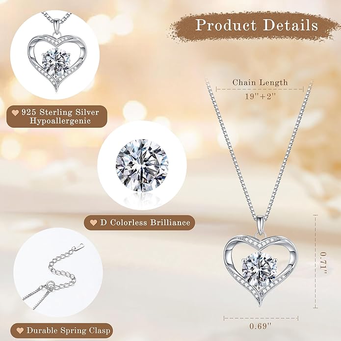 MOOSEA Valentines Day Gifts for Her, 1-3ct 925 Sterling Silver Anniversary Birthday Gifts for Women Wife Girlfriend Jewelry Moissanite Necklace