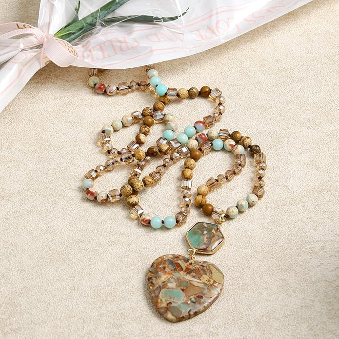 Yomisa Boho Necklaces for Women Men Long,33/34/35 Inch Natural Turquoise Tiger Eye Beaded Stone Pendant Necklaces for Women Trendy,Handmade Bohemian Western Bead Necklace Fashion Charm Jewelry Gift