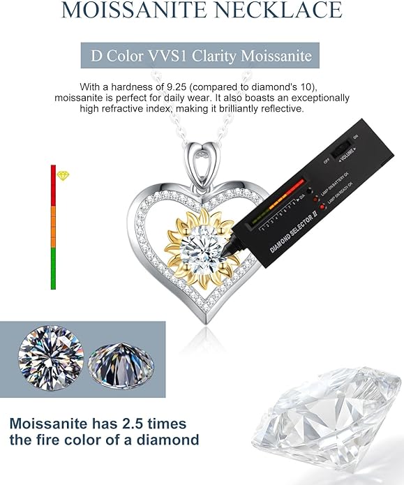 Sunflower Moissanite Heart Necklace for Women, Anniversary Birthday Gift for Wife, S925 Silver Moissanite Lab-Created Gem Jewelry for Her Girlfriend Mom