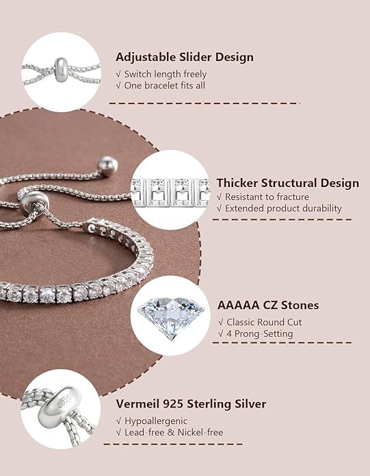 KRKC&CO Tennis Bracelet, Adjustable Length S925 Sterling Silver 2/3/4mm, Christmas Birthday Gifts for Her, Gift Box, Cubic Zirconia Bolo Bracelets for Women White/14K Gold Plated, Hypoallergenic