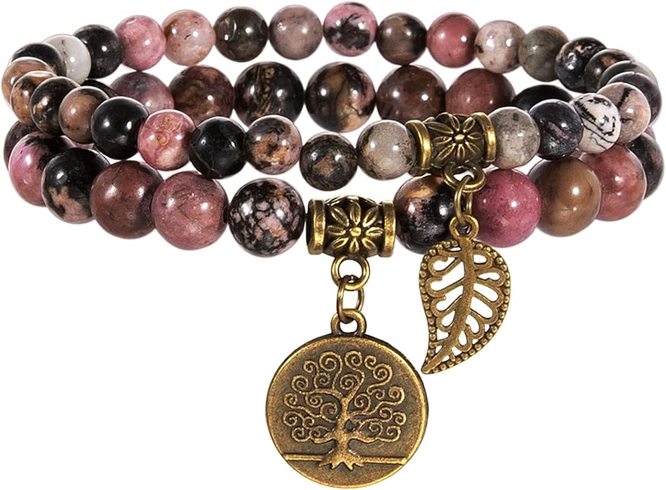 Bivei Natural Semi Precious Gemstone beads bracelet for women - Life Tree and Leaf Charm Energy Reiki Crystal Stretch Bracelets