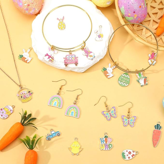 MARFOREVER Easter Charms, 40Pcs/20 Pairs Easter Charms for Jewelry Making, Assorted Egg Bunny Rabbit Enamel Charm Pendants for Bracelet Necklace Earrings Making Accessories