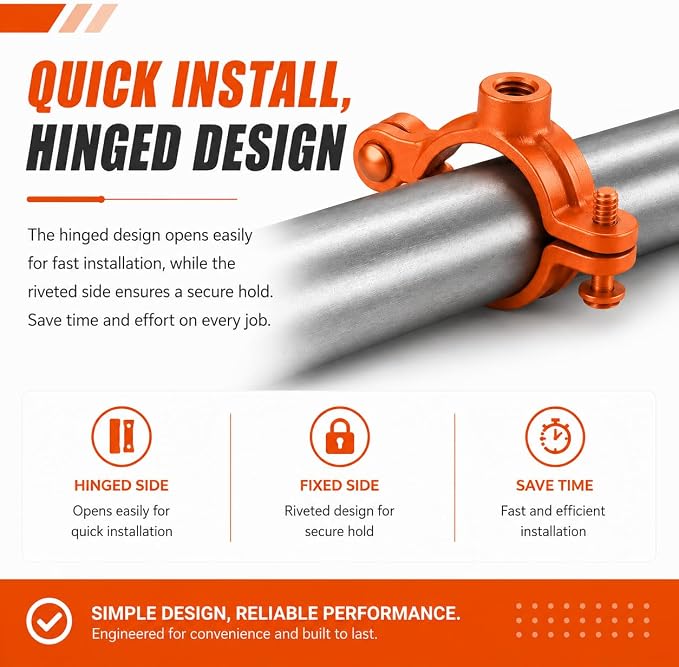 Orange 30 Pack 1/2" Hinged Split Ring Pipe Hanger, Copper Epoxy Coated Iron - Image 5