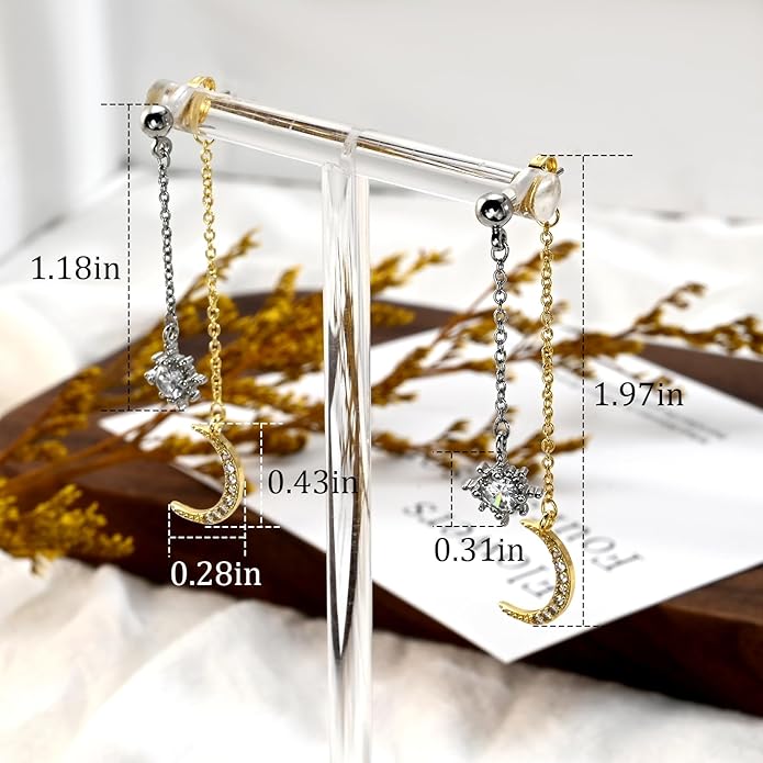 Moon and Star dangle Earrings for Women Chain Tassel with Cubic Zirconia Drop Celestial Jewelry for Wedding Gift