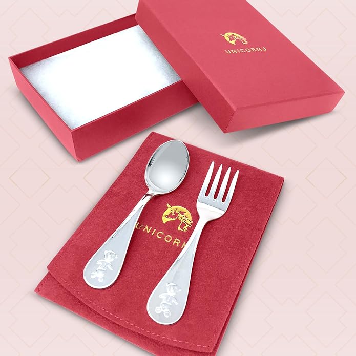 Sterling Silver Baby Spoon Fork Set Teddy Bear Design Personalized Engravable | Complete with Gift Box | Keepsake Gift for Baby | Made in Italy