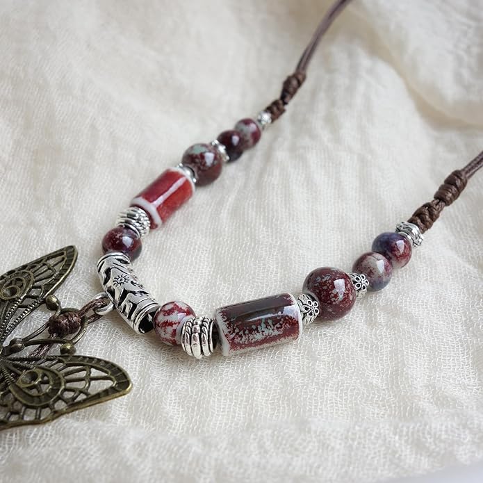 Boho Style Colorful Ceramic Bead Strand Necklace Adjustable Bohemian Jewelry Gift for Women, Fashion Clothing Matching Necklace
