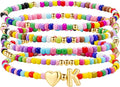 M MOOHAM Valentines Gifts for Kids - 5PCS Colorful Beaded Initial Bracelets for Girls Women Cute Stretch Heart Letter Bracelet Initial Stackable Bracelet Birthday Gift Jewelry for Kids Teen Girl